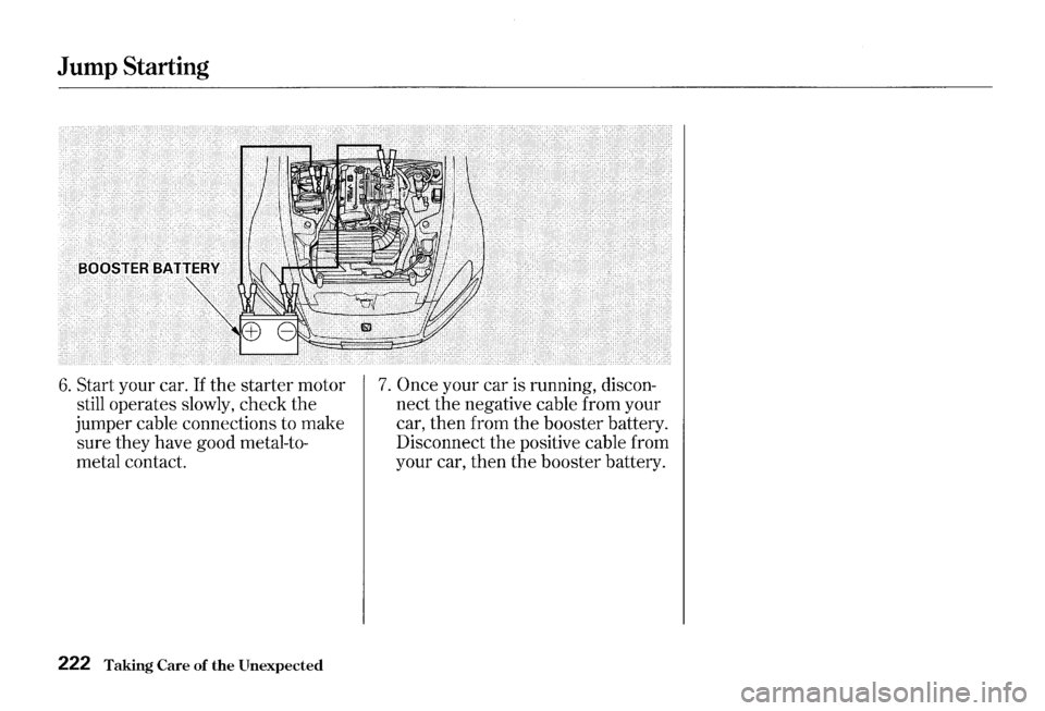 HONDA S2000 2000 1.G Owners Manual Jump Starting
6. Start your car. If the starter motor
still operates slowly, check the
jumper cable connections to make
sure they have good metal-to
metal contact.
222 Taking Care of HONDA S2000 2000 1.G Owners Manual Jump Starting
6. Start your car. If the starter motor
still operates slowly, check the
jumper cable connections to make
sure they have good metal-to
metal contact.
222 Taking Care of