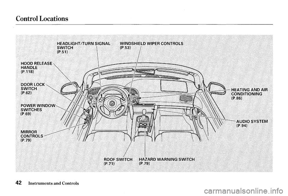 HONDA S2000 2000 1.G Service Manual Control Locations
42 Instruments and Controls HONDA S2000 2000 1.G Service Manual Control Locations
42 Instruments and Controls