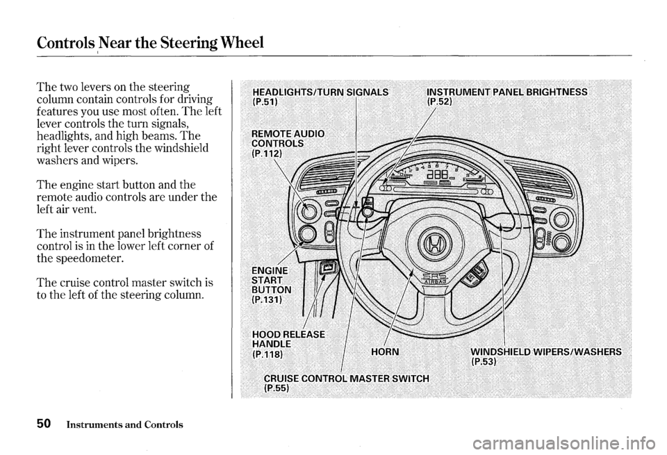 HONDA S2000 2000 1.G Workshop Manual Controls Near the Steering Wheel I 
The two levers  on the  steering 
column  contain controls  for driving 
features  you use most  often. 
The left 
lever  controls  the turn  signals, 
headlights, 