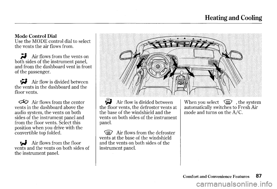 HONDA S2000 2000 1.G Manual Online Mode Control  Dial 
Use the MODE control dial to select 
the  vents 
the air flows  from. 
;i Air flows  from the vents  on 
both  sides  of the  instrument  panel, 
and  from  the dashboard  vent 
in
