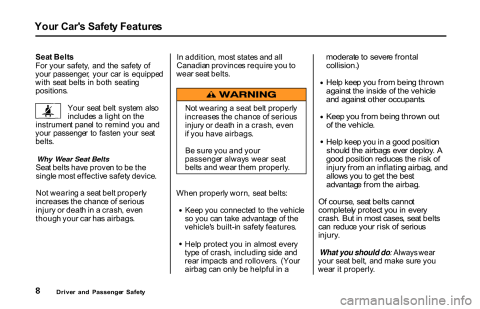 HONDA S2000 2001 1.G Owners Manual You
r Car s Safet y Feature s
Sea t Belt s
Fo r you r safety ,  an d th e  safet y o f
you r passenger ,  you r  ca r  i s  equippe d
wit h  sea t belt s i n bot h  seatin g
positions .
You r  sea t 