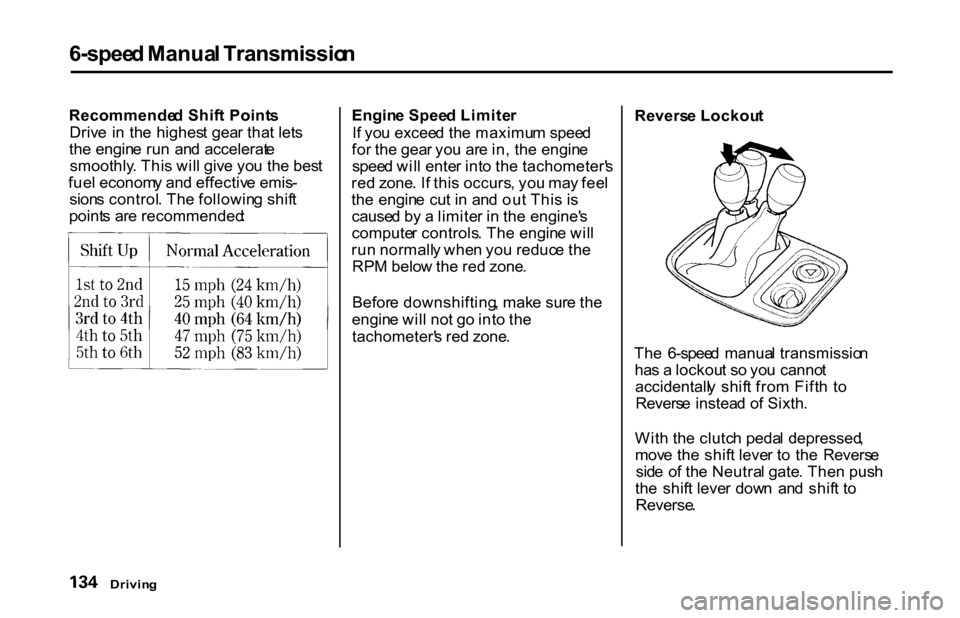 HONDA S2000 2001 1.G User Guide 
6-spee
d Manua l Transmissio n

Recommende d Shif t Point s
Driv e  i n th e highes t gea r tha t let s
th e engin e ru n  an d accelerat e
smoothly . Thi s wil l giv e yo u th e bes t
fue l econom y