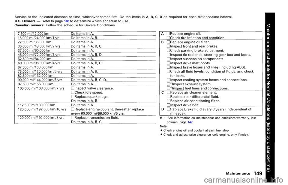 HONDA S2000 2001 1.G Owners Manual Service at  the  indicated distance or  time,  whichever comes first.  Do  the  items  in  A,  B,  C,  D  as  required for  each  distance/time interval.
U.S. Owner s  —   Refe r t o  pag e 14 8 t o