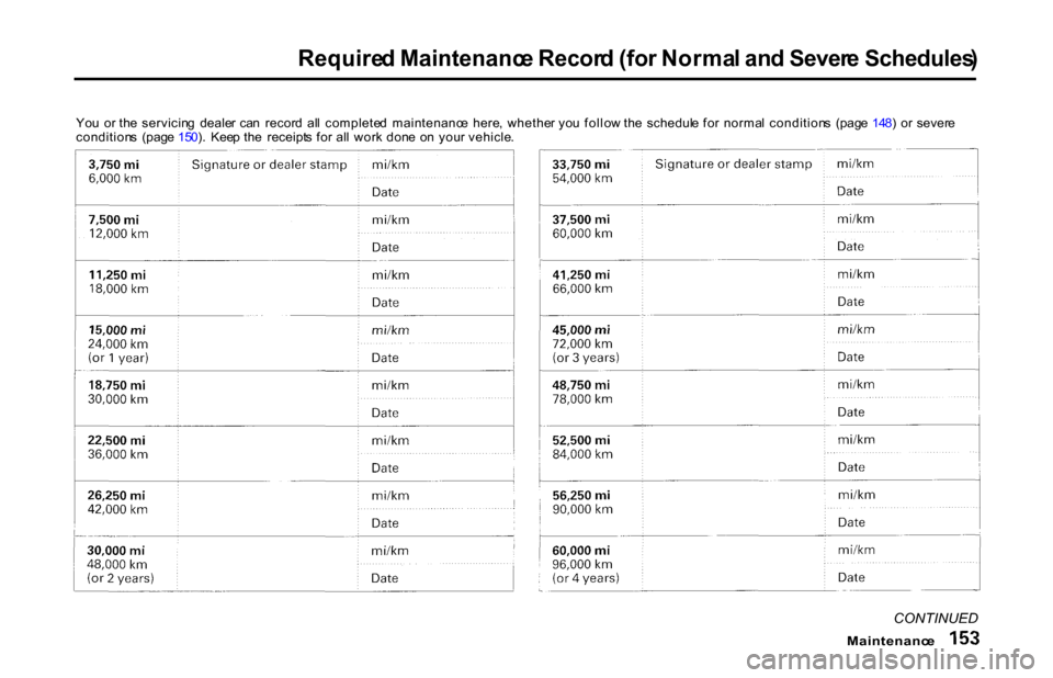 HONDA S2000 2001 1.G Owners Manual Require
d Maintenanc e Recor d (fo r Norma l an d Sever e Schedules )

CONTINUED

Maintenanc e

Yo
u  o r th e  servicin g  deale r  ca n  recor d  al l  complete d  maintenanc e  here ,  whethe r yo 