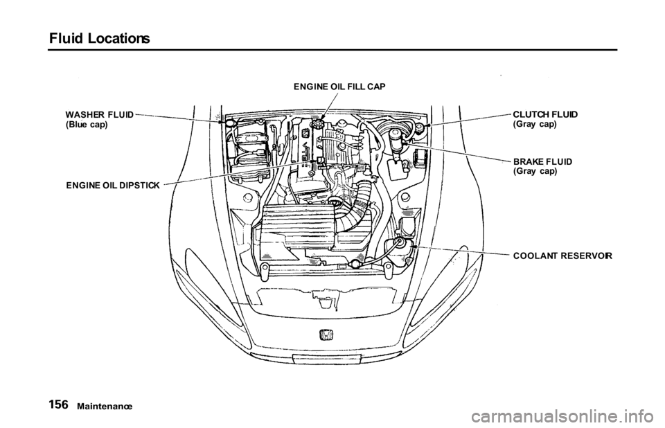 HONDA S2000 2001 1.G Owners Manual 
Flui
d  Location s

Maintenanc e

WASHE
R  FLUI D
(Blu e  cap ) ENGIN
E OI L FIL L CA P

CLUTCH FLUI D

(Gra y  cap )
BRAK E FLUI D
(Gra y  cap )
COOLAN T  RESERVOI R
ENGIN
E OI L DIPSTIC K 