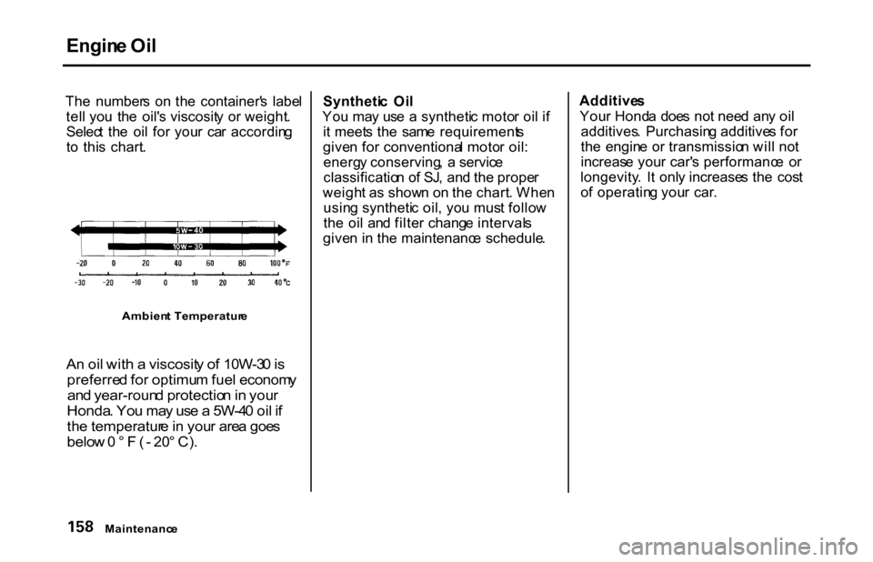 HONDA S2000 2001 1.G Owners Manual
Engin
e Oi l
Th e number s o n th e container s labe l
tel l yo u th e oil s viscosit y o r weight .
Selec t th e oi l fo r you r ca r accordin g
t o thi s chart .
Ambien t Temperatur HONDA S2000 2001 1.G Owners Manual
Engin
e Oi l
Th e number s o n th e container s labe l
tel l yo u th e oil s viscosit y o r weight .
Selec t th e oi l fo r you r ca r accordin g
t o thi s chart .
Ambien t Temperatur