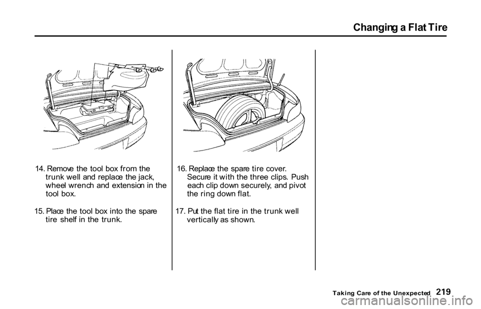 HONDA S2000 2001 1.G Owners Manual Changin
g a Fla t Tir e
14. Remov e th e too l bo x fro m th e
trun k wel l an d replac e th e jack ,
whee l wrenc h an d extensio n in th e
too l box .
15. Plac e th e too l bo x int o t HONDA S2000 2001 1.G Owners Manual Changin
g a Fla t Tir e
14. Remov e th e too l bo x fro m th e
trun k wel l an d replac e th e jack ,
whee l wrenc h an d extensio n in th e
too l box .
15. Plac e th e too l bo x int o t