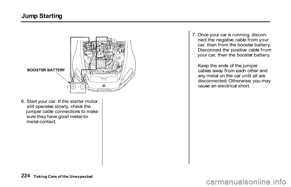 HONDA S2000 2001 1.G Owners Manual Jum
p Startin g
6 . Star t you r car . I f th e starte r moto r
stil l operate s slowly , chec k th e
jumpe r cabl e connection s t o mak e
sur e the y hav e goo d metal-to -
meta l contact . 7
. O HONDA S2000 2001 1.G Owners Manual Jum
p Startin g
6 . Star t you r car . I f th e starte r moto r
stil l operate s slowly , chec k th e
jumpe r cabl e connection s t o mak e
sur e the y hav e goo d metal-to -
meta l contact . 7
. O