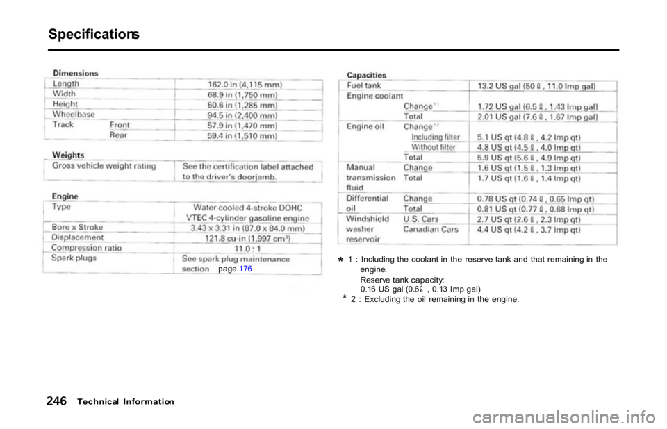 HONDA S2000 2001 1.G Owners Guide 
0.1
6  U S  ga l (0. 6  ,   0.1 3 Im p  gal )

*
 2  :  Excluding the  oil  remaining in  the  engine.

Technica l  Informatio n
pag
e 17 6
 Specification
s

*

 1  :  Including the  coolant in  the 