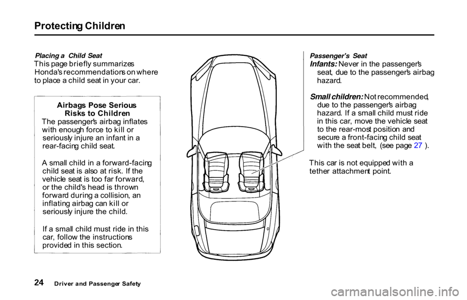 HONDA S2000 2001 1.G Owners Manual Protectin
g Childre n

Placing a Child Seat
Thi s pag e briefl y summarize s
Honda s recommendation s o n wher e
t o  plac e a  chil d sea t i n  you r car . Passengers Seat
Infants: Neve r i n  th 