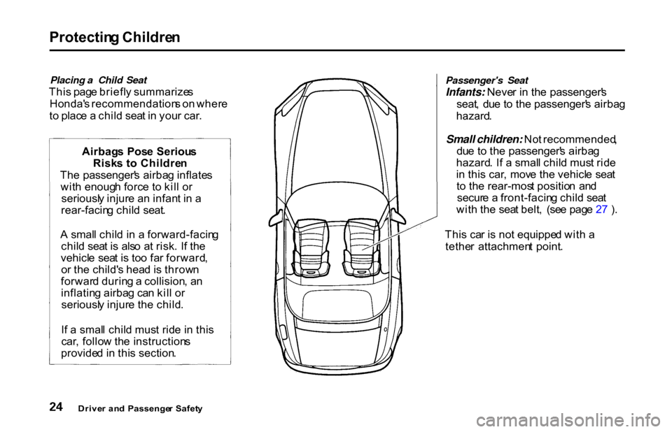 HONDA S2000 2001 1.G Owners Manual Protectin
g Childre n
Placing a Child Seat
Thi s pag e briefl y summarize s
Honda s recommendation s o n wher e
t o plac e a chil d sea t i n you r car . Passengers Seat
Infants: Neve r i n th HONDA S2000 2001 1.G Owners Manual Protectin
g Childre n
Placing a Child Seat
Thi s pag e briefl y summarize s
Honda s recommendation s o n wher e
t o plac e a chil d sea t i n you r car . Passengers Seat
Infants: Neve r i n th