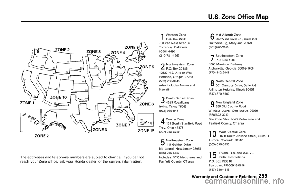 HONDA S2000 2001 1.G Owners Manual U.S
. Zon e Offic e Ma p

Th e addresse s an d telephon e number s  ar e subjec t t o  change .  I f yo u canno t
reac h  you r Zon e  office ,  as k you r  Hond a  deale r fo r th e curren t informat