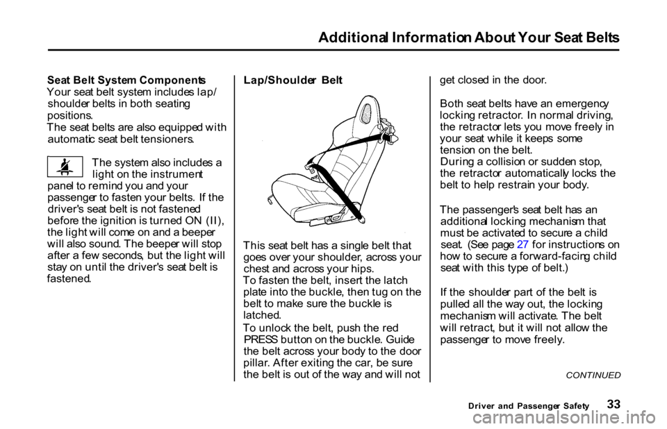 HONDA S2000 2001 1.G Owners Guide Additiona
l Informatio n Abou t You r Sea t Belt s
Sea t Bel t Syste m Component s

You r sea t bel t syste m include s lap /
shoulde r belt s i n  bot h seatin g

positions .

Th e sea t belt s ar e 