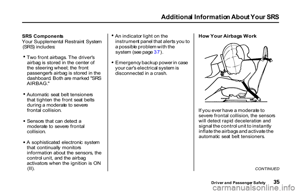 HONDA S2000 2001 1.G Owners Guide Additiona
l Informatio n Abou t You r SR S

SR S Component s

You r Supplementa l Restrain t  Syste m
(SRS ) includes : Tw
o fron t airbags . Th e driver s
airba g is  store d in  th e cente r o f
th