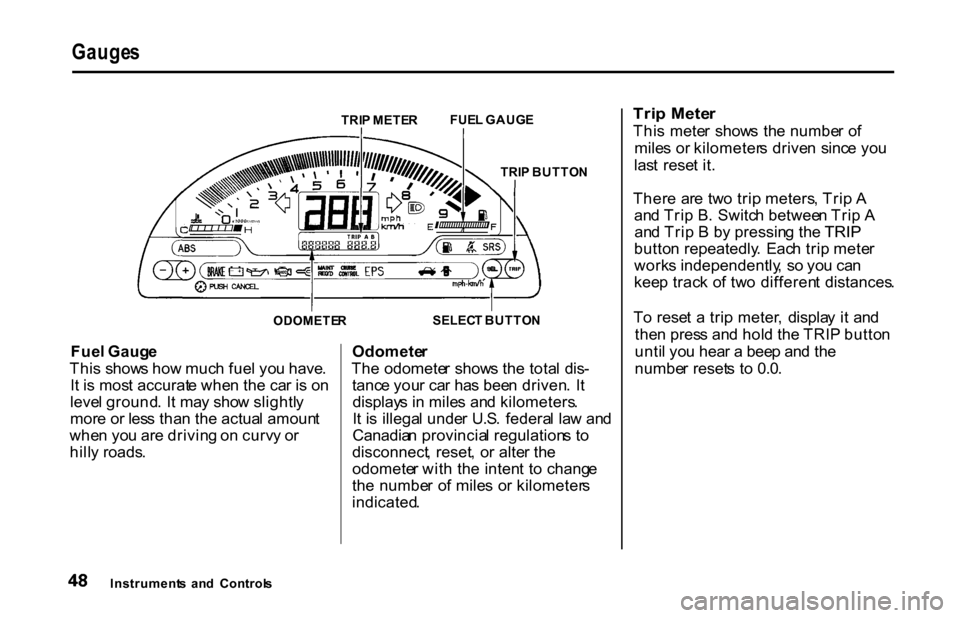 HONDA S2000 2001 1.G Workshop Manual
Gauge
s
TRIP METE R FUE
L GAUG E
TRI P BUTTO N
ODOMETE R
SELEC
T BUTTO N
Fue l Gaug e
Thi s show s ho w muc h fue l yo u have .
I t i s mos t accurat e whe n th e ca r i s o n
leve l ground . I t HONDA S2000 2001 1.G Workshop Manual
Gauge
s
TRIP METE R FUE
L GAUG E
TRI P BUTTO N
ODOMETE R
SELEC
T BUTTO N
Fue l Gaug e
Thi s show s ho w muc h fue l yo u have .
I t i s mos t accurat e whe n th e ca r i s o n
leve l ground . I t