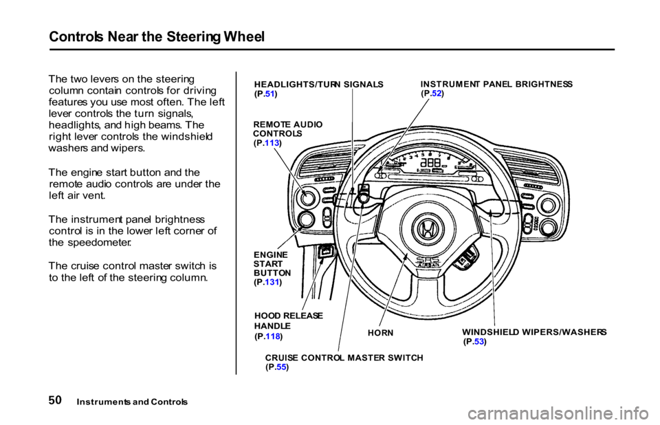 HONDA S2000 2001 1.G Workshop Manual
Control
s Nea r th e Steerin g Whee l
Th e tw o lever s o n th e steerin g
colum n contai n control s fo r drivin g
feature s yo u us e mos t often . Th e lef t
leve r control s th e tur n signals HONDA S2000 2001 1.G Workshop Manual
Control
s Nea r th e Steerin g Whee l
Th e tw o lever s o n th e steerin g
colum n contai n control s fo r drivin g
feature s yo u us e mos t often . Th e lef t
leve r control s th e tur n signals
