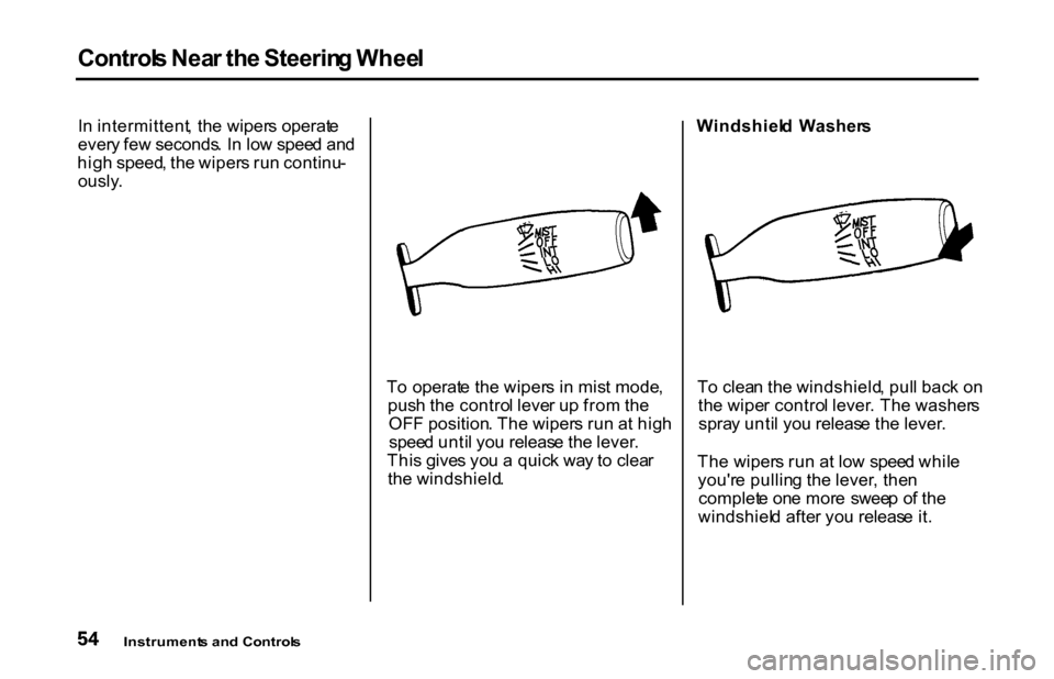 HONDA S2000 2001 1.G Workshop Manual Control
s Nea r th e Steerin g Whee l
I n intermittent , th e wiper s operat e
ever y fe w seconds . I n lo w spee d an d
hig h speed , th e wiper s ru n continu -
ously .
To operat e th e wiper s HONDA S2000 2001 1.G Workshop Manual Control
s Nea r th e Steerin g Whee l
I n intermittent , th e wiper s operat e
ever y fe w seconds . I n lo w spee d an d
hig h speed , th e wiper s ru n continu -
ously .
To operat e th e wiper s