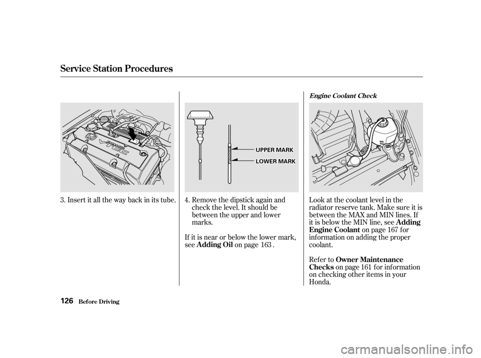 HONDA S2000 2002 1.G Owners Manual Insert it all the way back in its tube. Remove the dipstick again andcheck the level. It should be 
between the upper and lower
marks.
If it is near or below the lower mark,
see on page . Look at the 