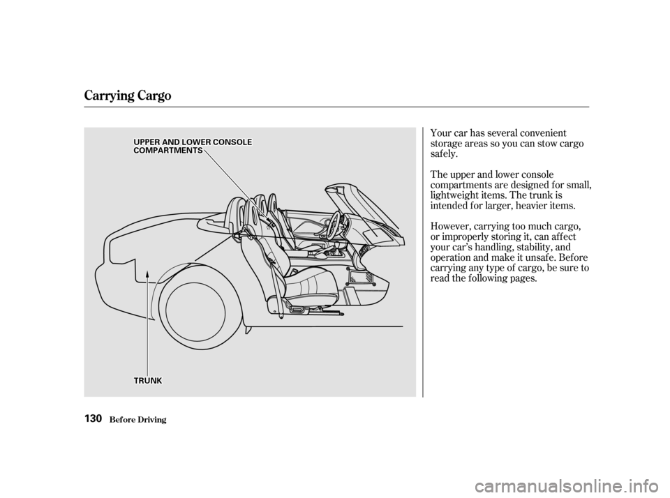 HONDA S2000 2002 1.G Owners Manual Your car has several convenient
storage areas so you can stow cargo
saf ely.
However, carrying too much cargo,
or improperly storing it, can af f ect
your car’s handling, stability, and
operation HONDA S2000 2002 1.G Owners Manual Your car has several convenient
storage areas so you can stow cargo
saf ely.
However, carrying too much cargo,
or improperly storing it, can af f ect
your car’s handling, stability, and
operation