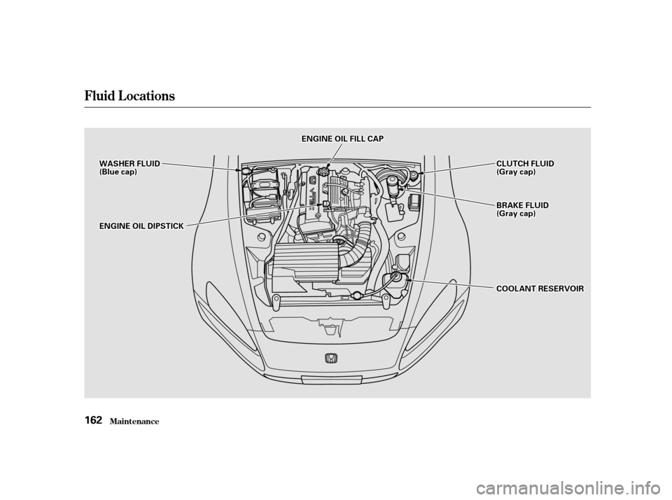 HONDA S2000 2002 1.G Owners Manual Fluid Locations
Maint enance
162
BBRRAAKKEEFFLLUUIIDD((GGrraayyccaapp))
WWAASSHHEERRFFLLUUIIDD((BBlluueeccaapp))
EENNGGIINNEEOOIILLFFIILLLLCCAAPP
EENNGGIINNEEOOIILLDDIIPPSSTTIICCKK
CCLLUUTTCCHHFFLLUUI
