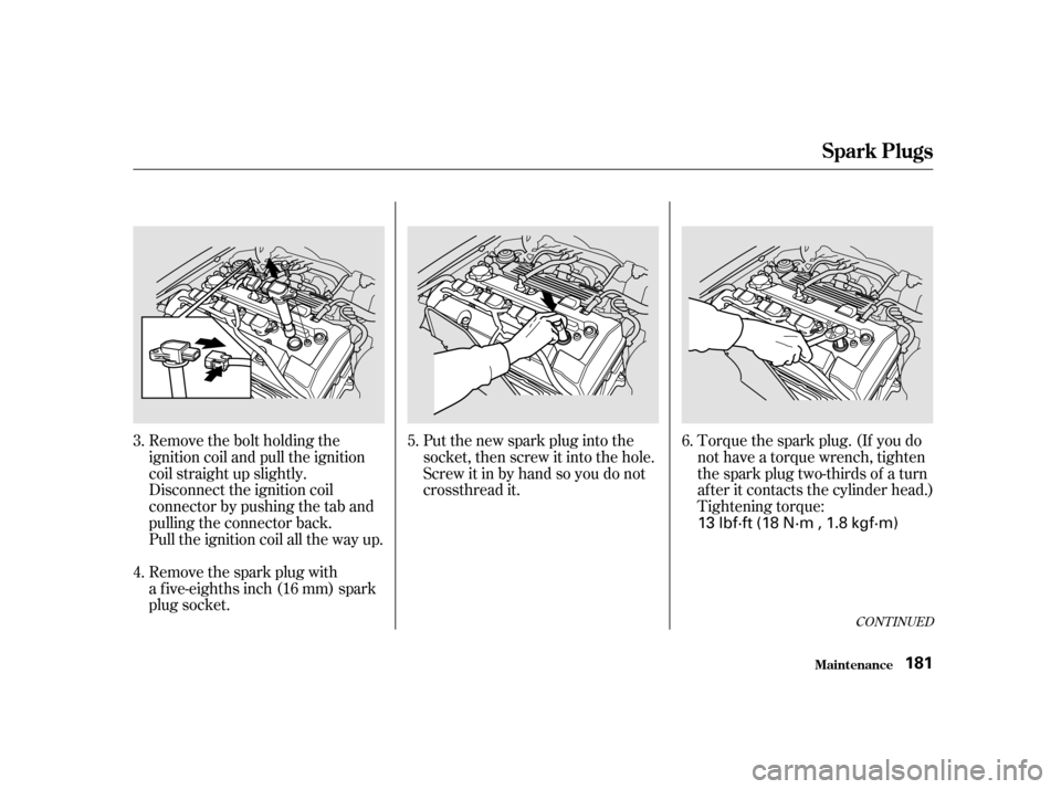 HONDA S2000 2002 1.G Owners Manual Put the new spark plug into the 
socket, then screw it into the hole.
Screw it in by hand so you do not
crossthread it.Torque the spark plug. (If you do
not have a torque wrench, tighten
the spark plu