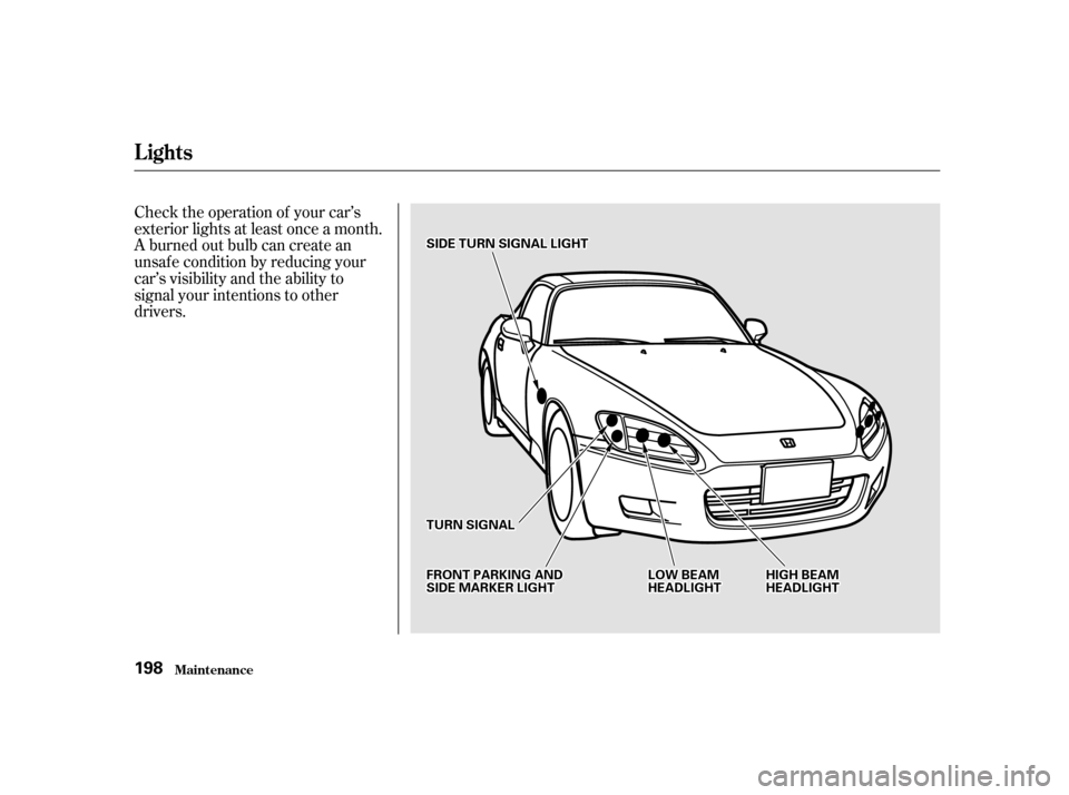 HONDA S2000 2002 1.G Owners Manual Check the operation of your car’s 
exterior lights at least once a month.
A burned out bulb can create an
unsaf e condition by reducing your
car’s visibility and the ability to
signal your intenti