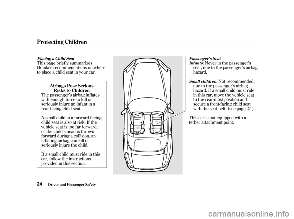 HONDA S2000 2002 1.G Owners Manual The passenger’s airbag inf lates 
with enough f orce to kill or
seriously injure an inf ant in a
rear-facing child seat.Never in the passenger’s
seat, due to the passenger’s airbag
hazard.
Not r