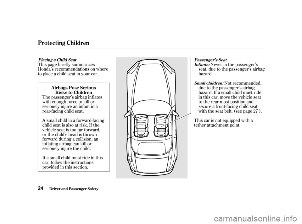 HONDA S2000 2002 1.G Owners Manual The passenger’s airbag inf lates
with enough f orce to kill or
seriously injure an inf ant in a
rear-facing child seat.Never in the passenger’s
seat, due to the passenger’s airbag
hazard.
Not r HONDA S2000 2002 1.G Owners Manual The passenger’s airbag inf lates
with enough f orce to kill or
seriously injure an inf ant in a
rear-facing child seat.Never in the passenger’s
seat, due to the passenger’s airbag
hazard.
Not r