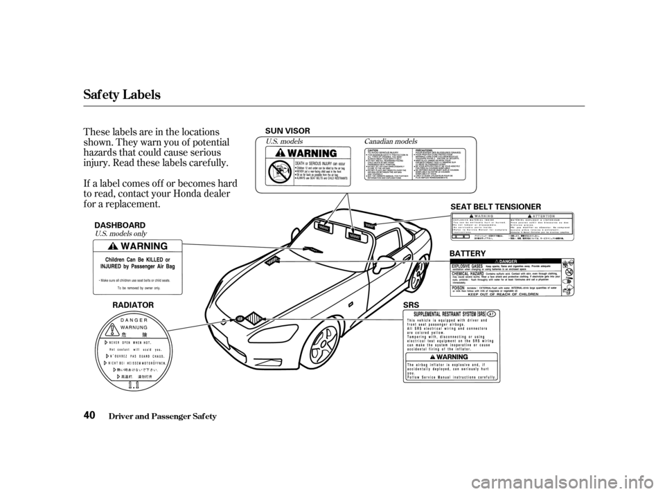 HONDA S2000 2002 1.G Owners Guide These labels are in the locations
shown. They warn you of potential
hazards that could cause serious
injury. Read these labels caref ully.
If a label comes of f or becomes hard
to read, contact you HONDA S2000 2002 1.G Owners Guide These labels are in the locations
shown. They warn you of potential
hazards that could cause serious
injury. Read these labels caref ully.
If a label comes of f or becomes hard
to read, contact you