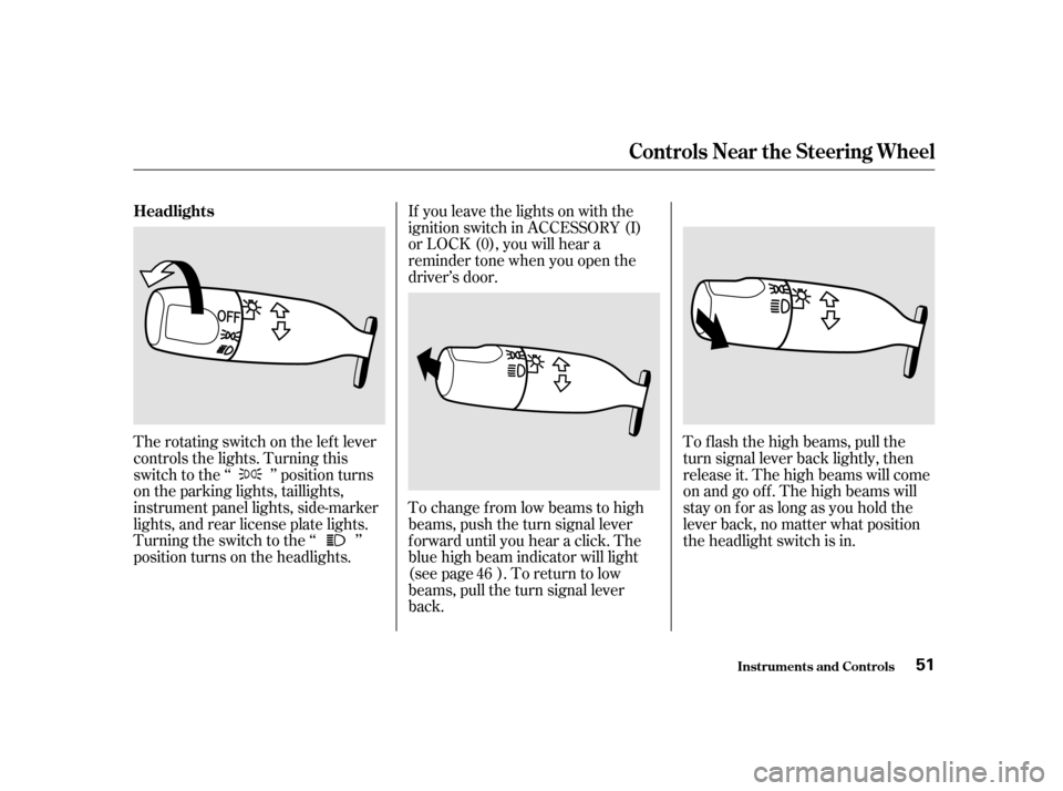 HONDA S2000 2002 1.G Owners Manual The rotating switch on the lef t lever 
controls the lights. Turning this
switch to the ‘‘ ’’ position turns
on the parking lights, taillights,
instrument panel lights, side-marker
lights, and