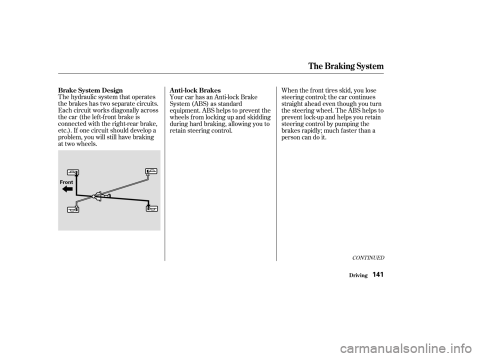 HONDA S2000 2003 1.G Owners Manual CONT INUED
The hydraulic system that operates
the brakes has two separate circuits.
Each circuit works diagonally across
the car (the lef t-f ront brake is
connected with the right-rear brake,
etc.). 