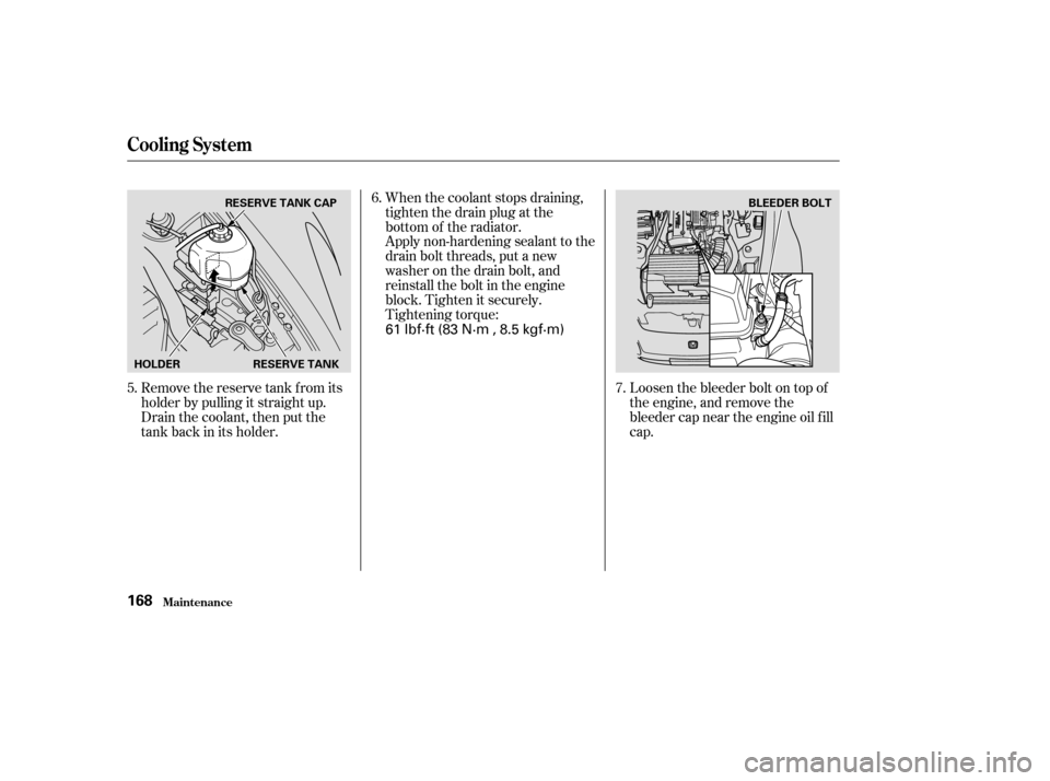HONDA S2000 2003 1.G Owners Manual Remove the reserve tank f rom its
holder by pulling it straight up.
Drain the coolant, then put the
tank back in its holder.When the coolant stops draining,
tightenthedrainplugatthe
bottom of the radi