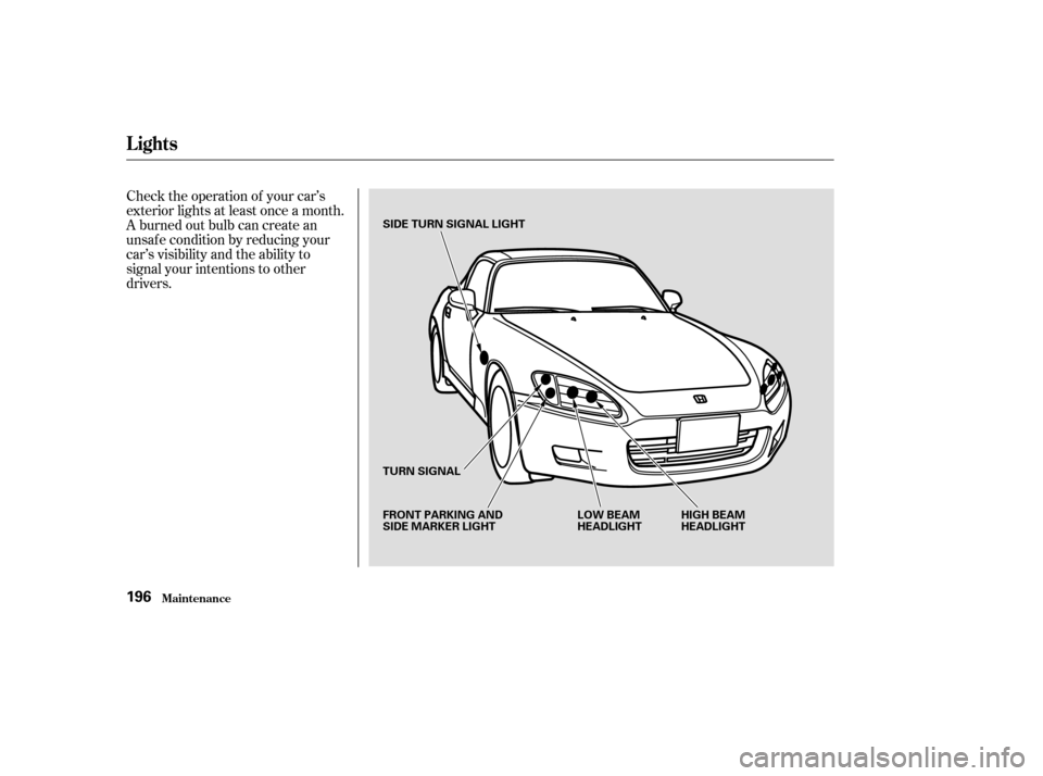 HONDA S2000 2003 1.G Owners Manual Check the operation of your car’s
exterior lights at least once a month.
A burned out bulb can create an
unsaf e condition by reducing your
car’s visibility and the ability to
signal your intentio