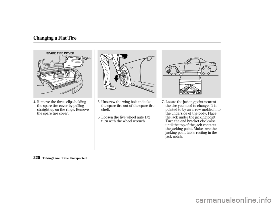 HONDA S2000 2003 1.G Owners Manual Unscrew the wing bolt and take
the spare tire out of the spare tire
shelf .
Remove the three clips holding
the spare tire cover by pulling
straight up on the rings. Remove
the spare tire cover.
Loosen