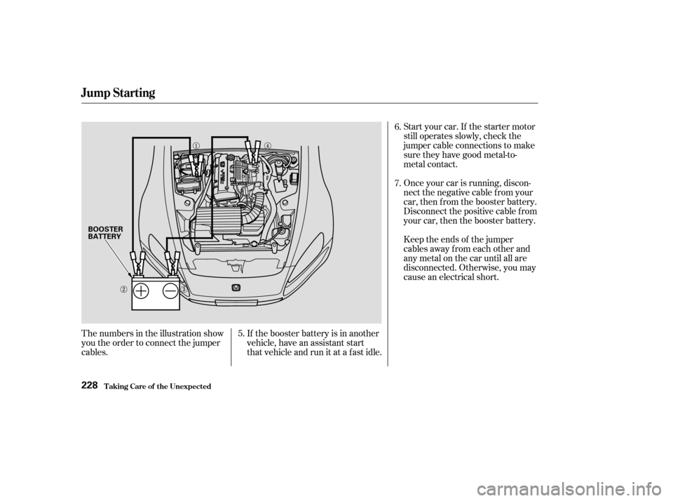 HONDA S2000 2003 1.G Owners Manual Start your car. If the starter motor
still operates slowly, check the
jumper cable connections to make
sure they have good metal-to-
metal contact.
Once your car is running, discon-
nectthenegativecab HONDA S2000 2003 1.G Owners Manual Start your car. If the starter motor
still operates slowly, check the
jumper cable connections to make
sure they have good metal-to-
metal contact.
Once your car is running, discon-
nectthenegativecab