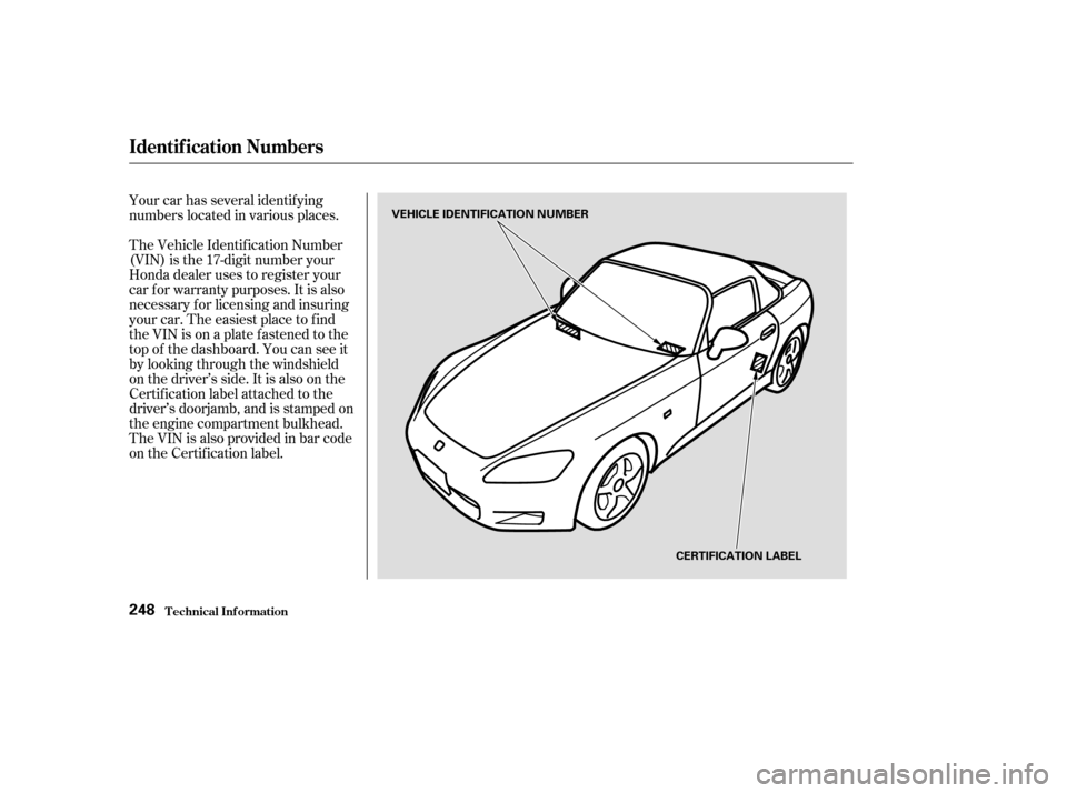 HONDA S2000 2003 1.G Owners Manual Your car has several identif ying
numbers located in various places.
The Vehicle Identif ication Number
(VIN) is the 17-digit number your
Honda dealer uses to register your
car f or warranty purposes.