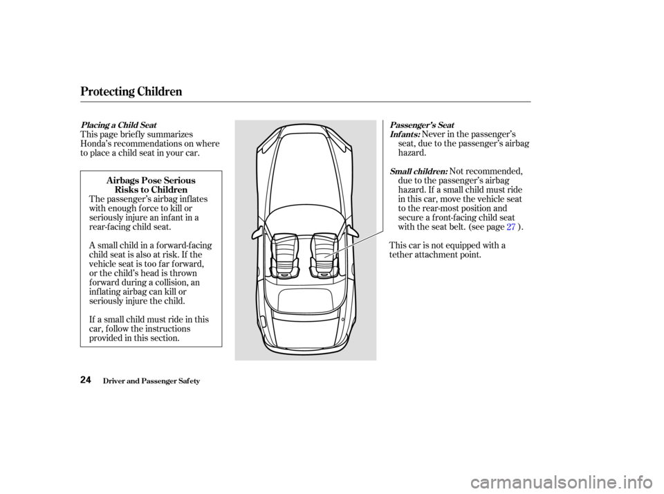 HONDA S2000 2003 1.G Owners Manual The passenger’s airbag inf lates
with enough f orce to kill or
seriously injure an inf ant in a
rear-facing child seat.Never in the passenger’s
seat, due to the passenger’s airbag
hazard.
Not re