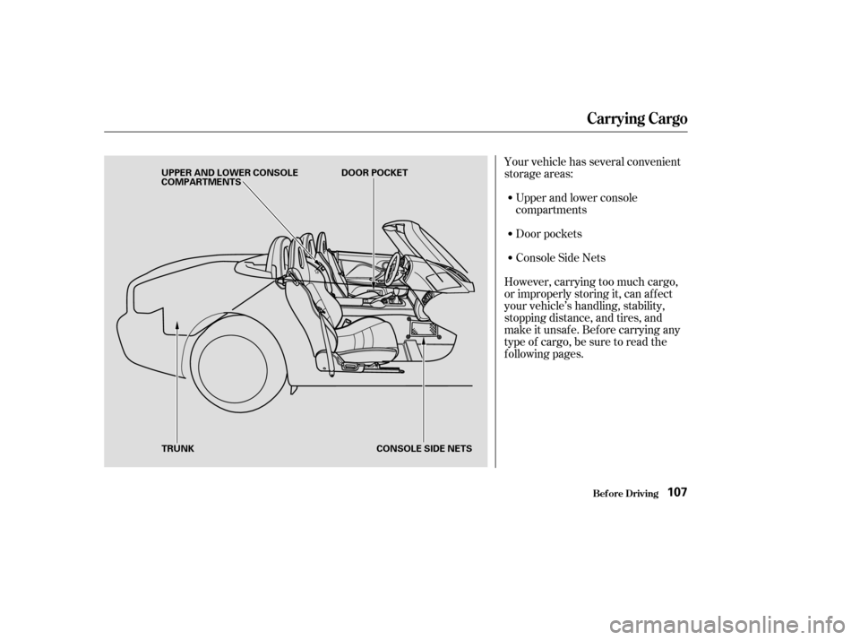 HONDA S2000 2004 2.G Owners Manual Your vehicle has several convenient
storage areas:Door pockets
ConsoleSideNets
However, carrying too much cargo,
or improperly storing it, can af f ect
your vehicle’s handling, stability,
stopping d HONDA S2000 2004 2.G Owners Manual Your vehicle has several convenient
storage areas:Door pockets
ConsoleSideNets
However, carrying too much cargo,
or improperly storing it, can af f ect
your vehicle’s handling, stability,
stopping d