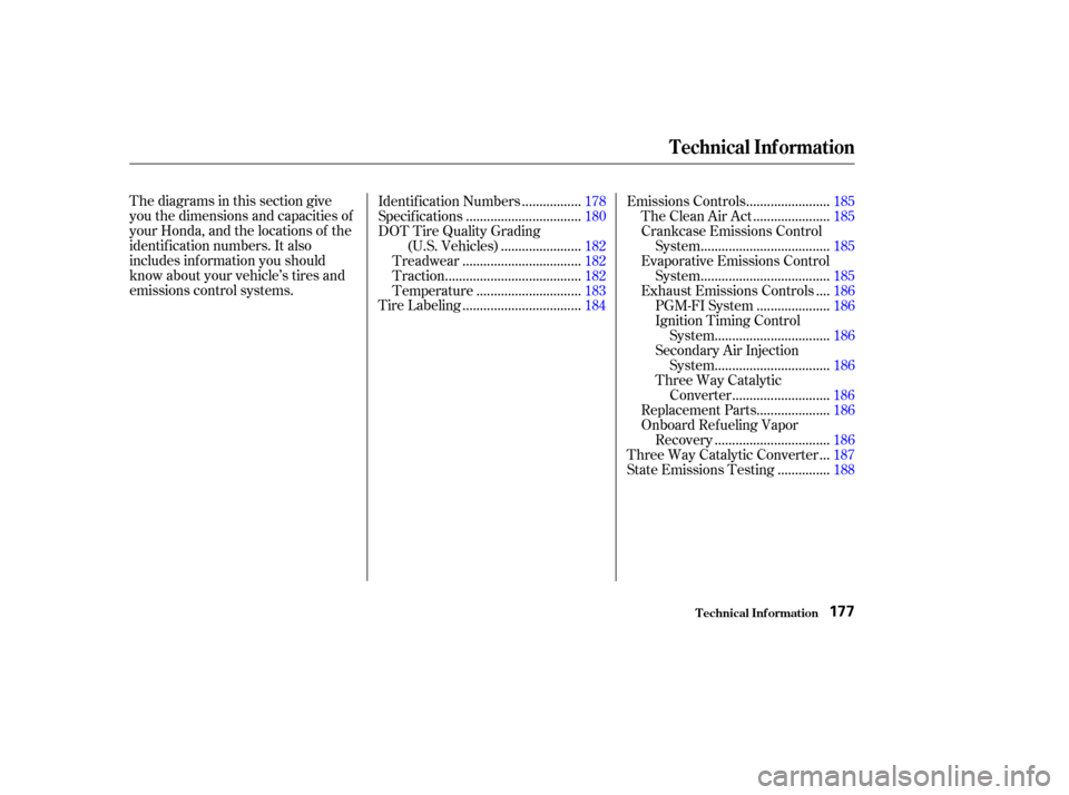 HONDA S2000 2004 2.G Owners Manual Thediagramsinthissectiongive
you the dimensions and capacities of
your Honda, and the locations of the
identif ication numbers. It also
includes inf ormation you should
know about your vehicle’s tir