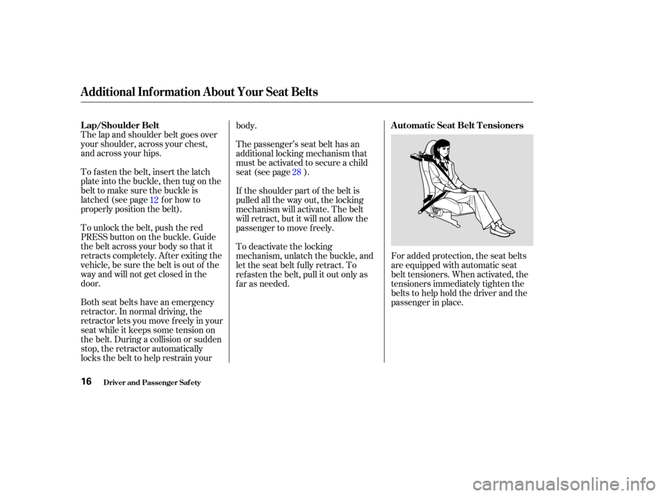 HONDA S2000 2004 2.G User Guide The lap and shoulder belt goes over
your shoulder, across your chest,
and across your hips.
To fasten the belt, insert the latch
plate into the buckle, then tug on the
belt to make sure the buckle is
