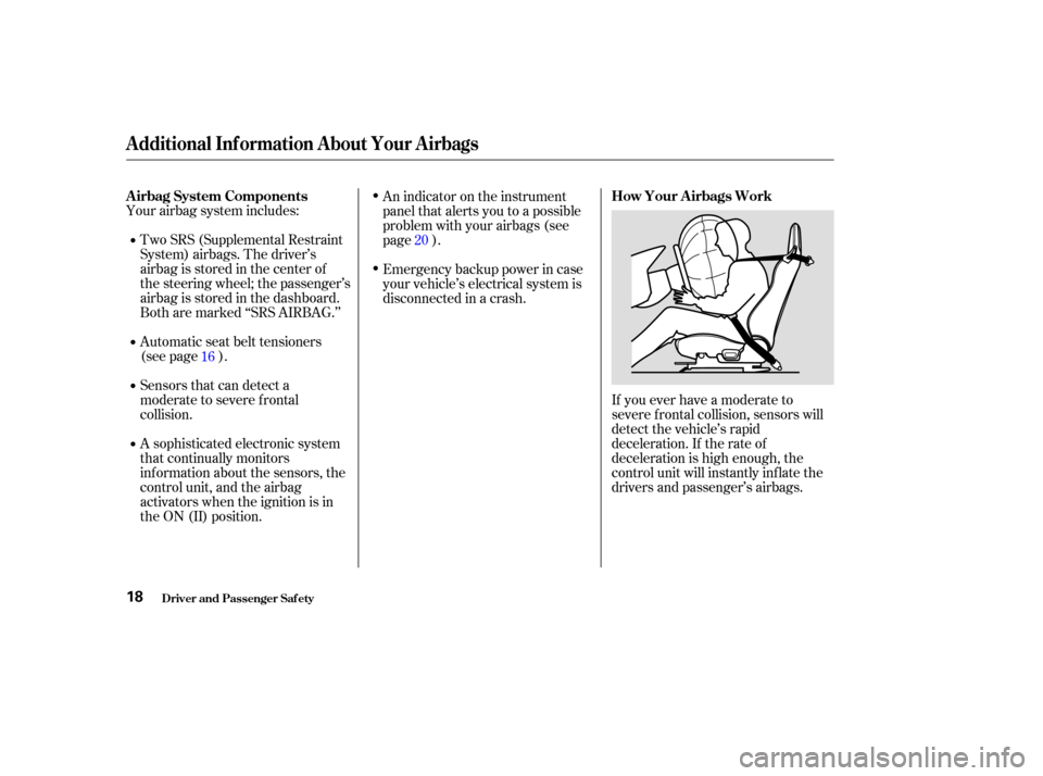 HONDA S2000 2004 2.G Owners Manual Your airbag system includes:Two SRS (Supplemental Restraint
System) airbags. The driver’s
airbag is stored in the center of
the steering wheel; the passenger’s
airbag is stored in the dashboard.
B