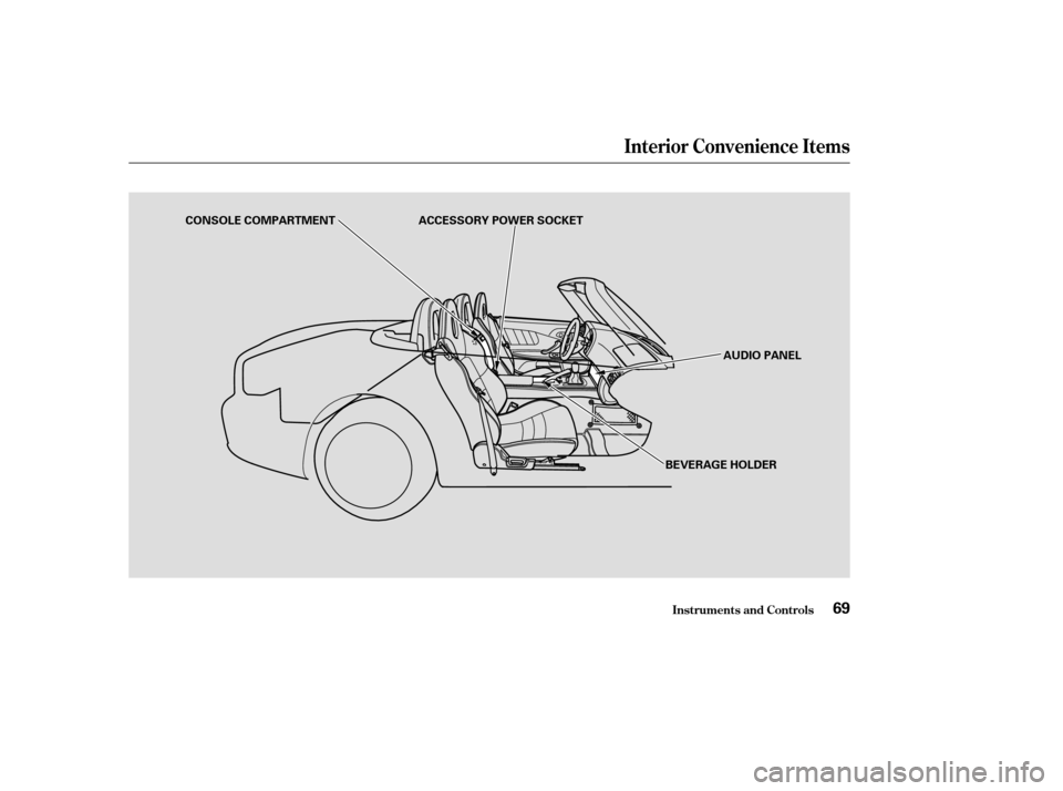 HONDA S2000 2004 2.G Manual PDF Interior Convenience Items
Inst rument s and Cont rols69
BEVERAGE HOLDER
CONSOLE COMPARTMENT
ACCESSORY POWER SOCKET
AUDIO PANEL HONDA S2000 2004 2.G Manual PDF Interior Convenience Items
Inst rument s and Cont rols69
BEVERAGE HOLDER
CONSOLE COMPARTMENT
ACCESSORY POWER SOCKET
AUDIO PANEL