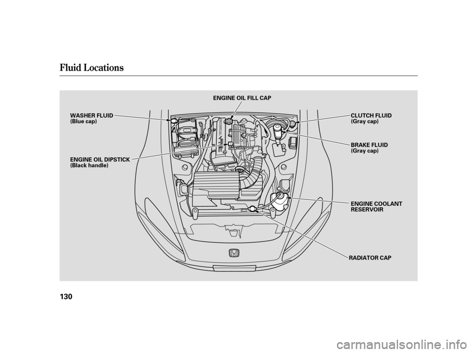 HONDA S2000 2005 2.G Owners Guide Fluid Locations
130
WASHER FLUID
(Blue cap)ENGINE OIL FILL CAP
CLUTCH FLUID
(Gray cap)
BRAKE FLUID
(Gray cap)
ENGINE COOLANT
RESERVOIR
ENGINE OIL DIPSTICK
(Black handle)
RADIATOR CAP 