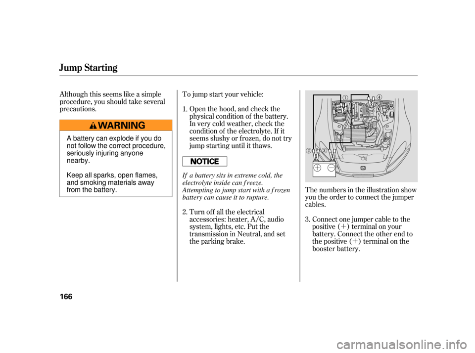 HONDA S2000 2005 2.G Owners Manual ´´
Although this seems like a simple
procedure, you should take several
precautions. Open the hood, and check the
physical condition of the battery.
In very cold weather, check the
condition of th