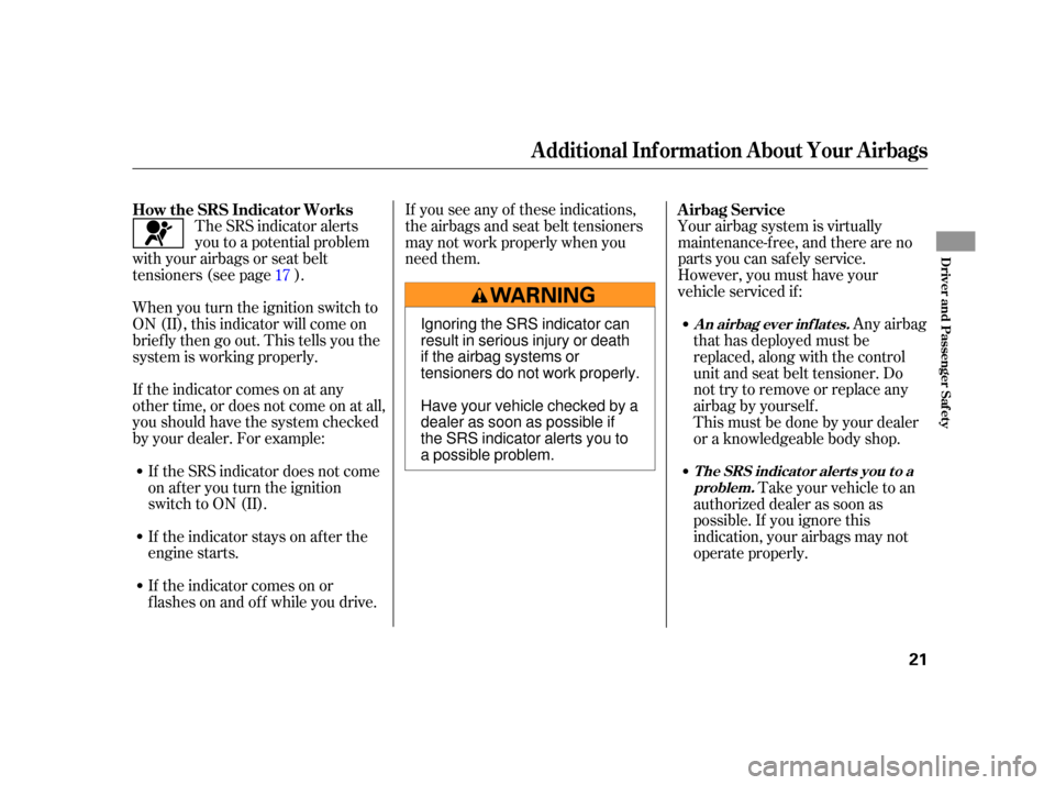 HONDA S2000 2005 2.G Owners Manual The SRS indicator alerts
you to a potential problem
with your airbags or seat belt
tensioners (see page ).
If the indicator comes on at any
other time, or does not come on at all,
you should have the 