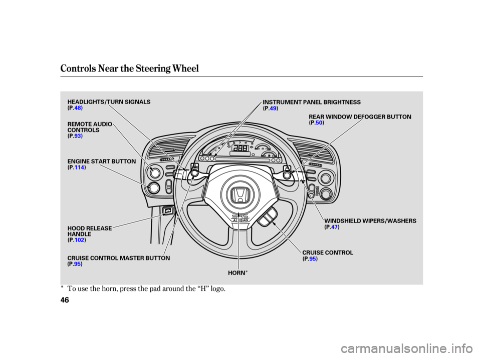 HONDA S2000 2005 2.G User Guide Î
ÎTo use the horn, press the pad around the ‘‘H’’ logo.
Controls Near the Steering Wheel
46
REMOTE AUDIO
CONTROLS
HOOD RELEASE
HANDLEINSTRUMENT PANEL BRIGHTNESS
HEADLIGHTS/TURN SIGNALS
EN