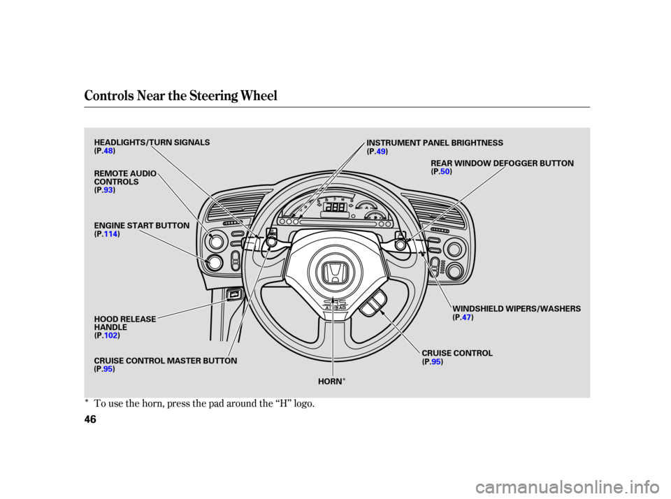 HONDA S2000 2005 2.G Service Manual Î
ÎTo use the horn, press the pad around the ‘‘H’’ logo.
Controls Near the Steering Wheel
46
REMOTE AUDIO
CONTROLS
HOOD RELEASE
HANDLEINSTRUMENT PANEL BRIGHTNESS
HEADLIGHTS/TURN SIGNALS
EN