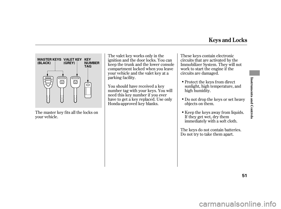 HONDA S2000 2005 2.G User Guide The valet key works only in the
ignition and the door locks. You can
keep the trunk and the lower console
compartment locked when you leave
your vehicle and the valet key at a
parking f acility.
Yoush