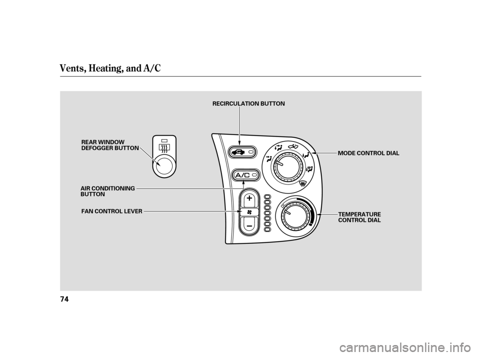HONDA S2000 2005 2.G Manual PDF Vents, Heating, and A/C
74
AIR CONDITIONING
BUTTONFAN CONTROL LEVER MODE CONTROL DIAL
TEMPERATURE
CONTROL DIAL
REAR WINDOW
DEFOGGER BUTTON
RECIRCULATION BUTTON 