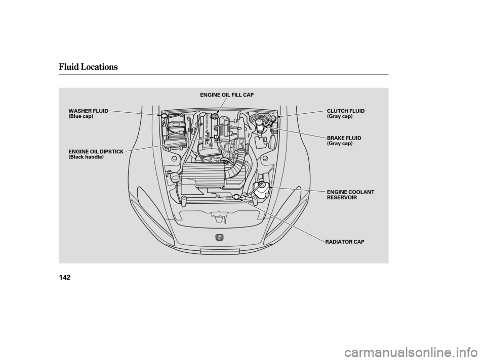 HONDA S2000 2006 2.G Owners Guide Fluid Locations
142
WASHER FLUID
(Blue cap)ENGINE OIL FILL CAP
CLUTCH FLUID
(Gray cap)
BRAKE FLUID
(Gray cap)
ENGINE COOLANT
RESERVOIR
ENGINE OIL DIPSTICK
(Black handle)
RADIATOR CAP
——